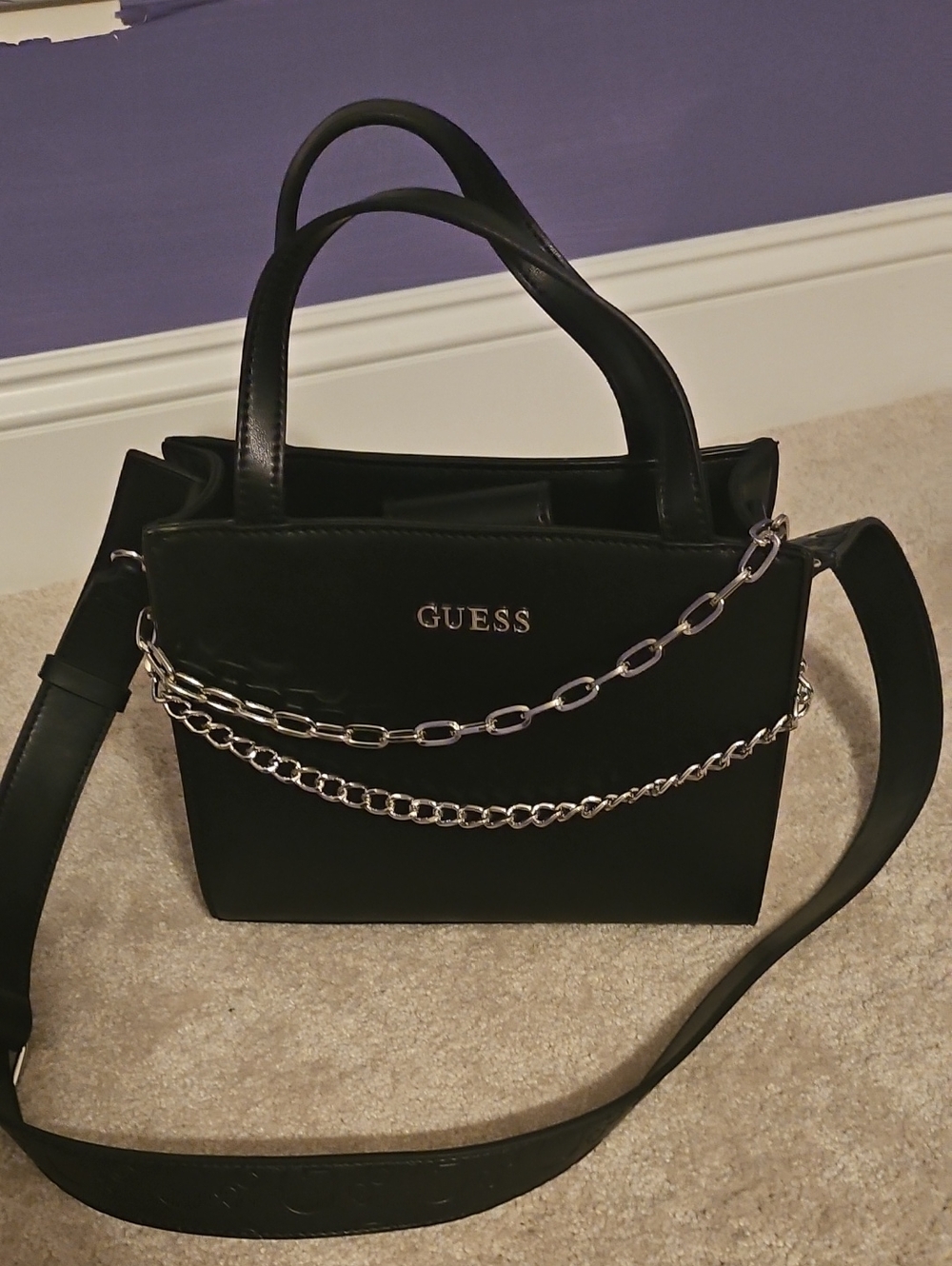 GUESS Black Crossbody Tote with Silver Chain Details